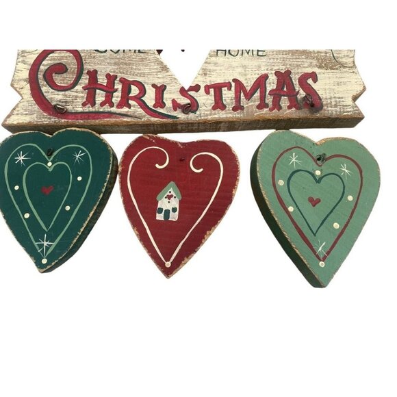 Vintage Wooden Christmas Wall Hanging Decor "Hearts Come Home Christmas" - Picture 3 of 4
